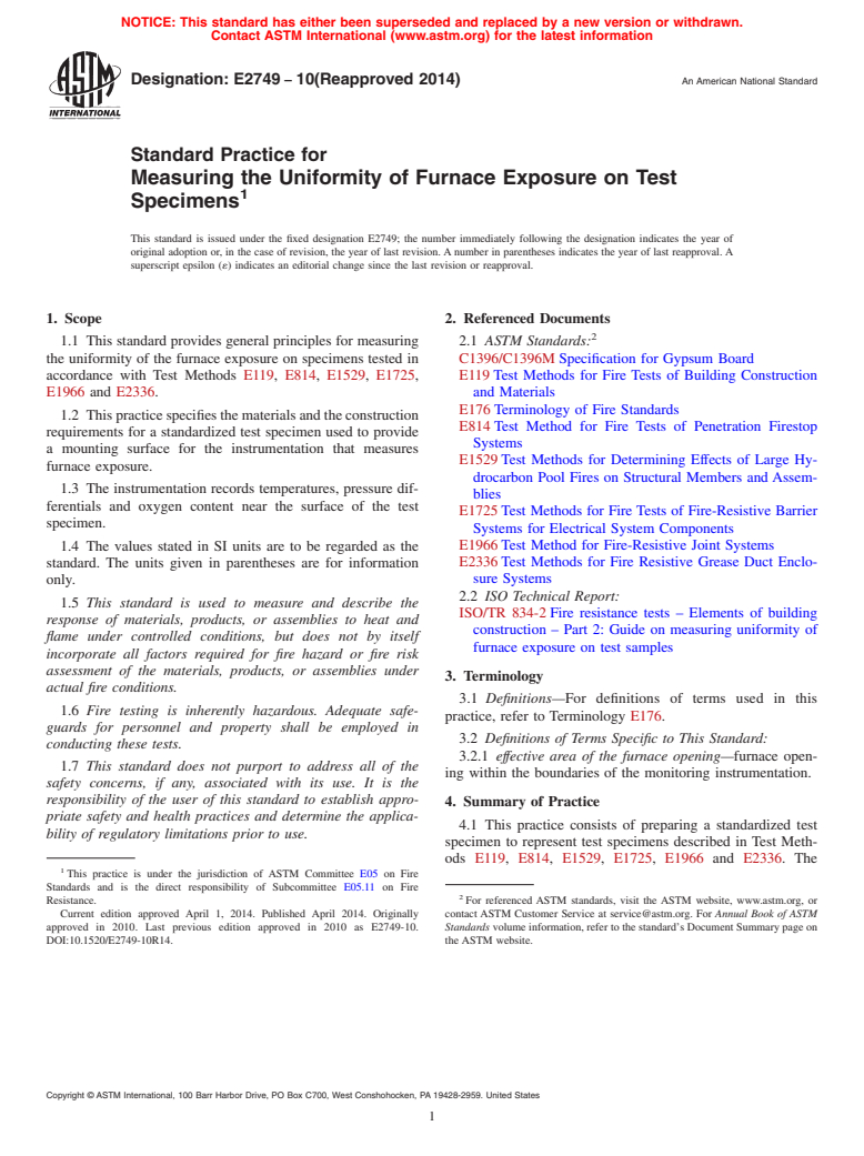ASTM E2749-10(2014) - Standard Practice for  Measuring the Uniformity of Furnace Exposure on Test Specimens