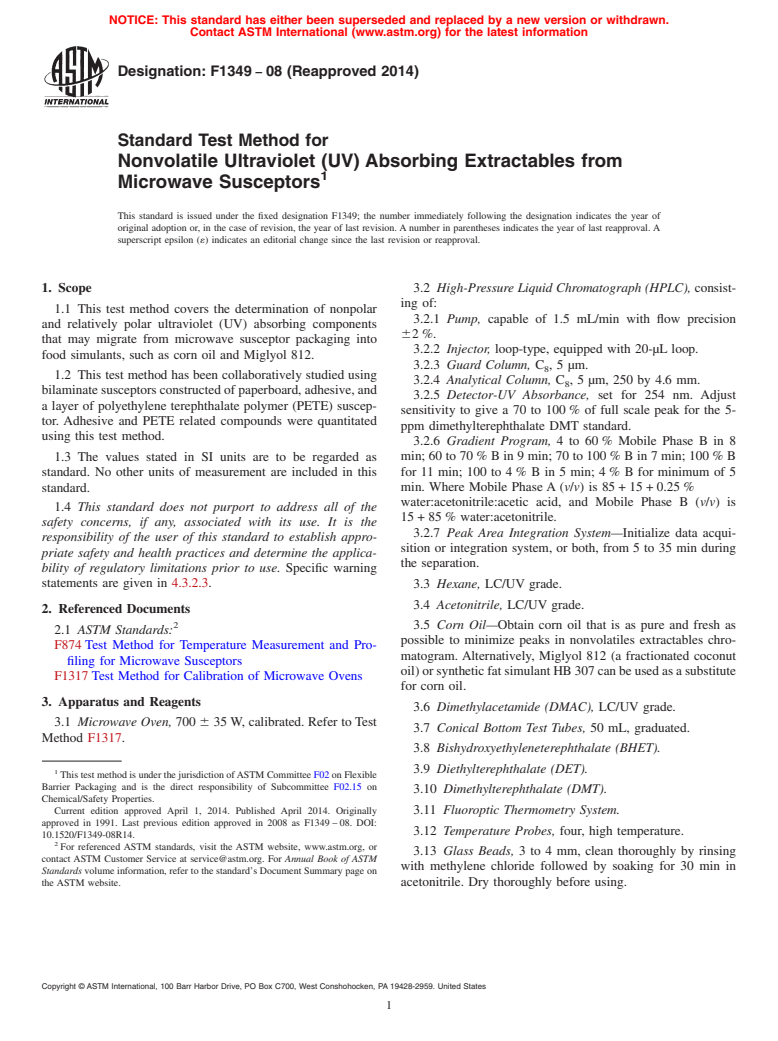 ASTM F1349-08(2014) - Standard Test Method for  Nonvolatile Ultraviolet &#40;UV&#41; Absorbing Extractables from Microwave  Susceptors
