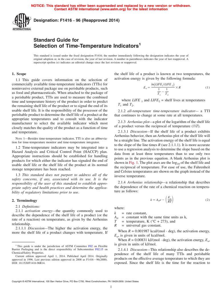 ASTM F1416-96(2014) - Standard Guide for  Selection of Time-Temperature Indicators