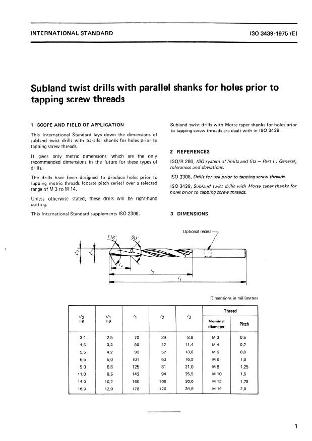 ISO 3439:1975 - Subland twist drills with parallel shanks for holes prior to tapping screw threads