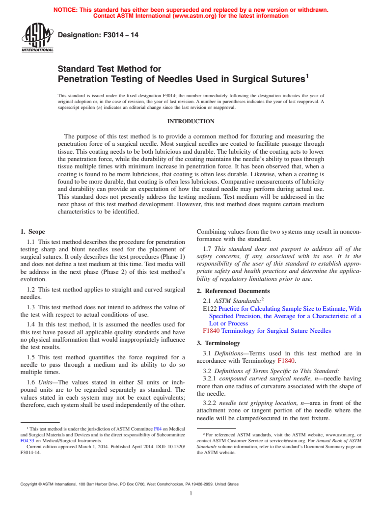 ASTM F3014-14 - Standard Test Method for Penetration Testing of Needles Used in Surgical Sutures (Withdrawn 2023)