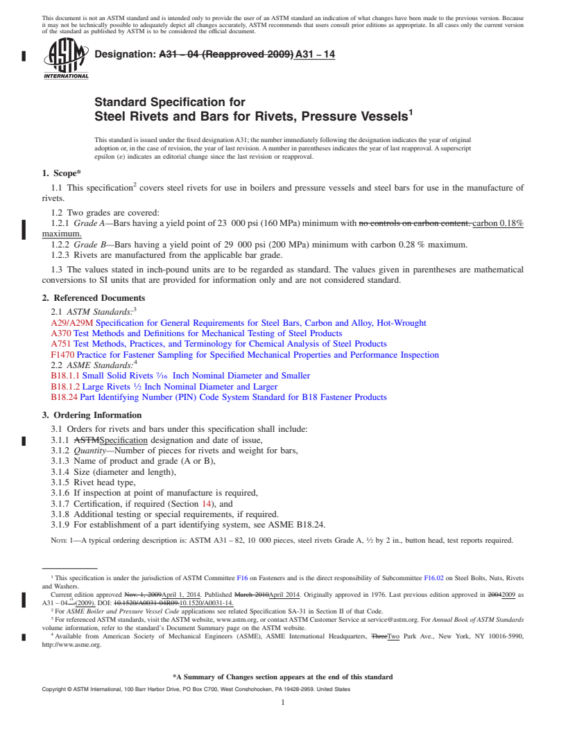 REDLINE ASTM A31-14 - Standard Specification for  Steel Rivets and Bars for Rivets, Pressure Vessels