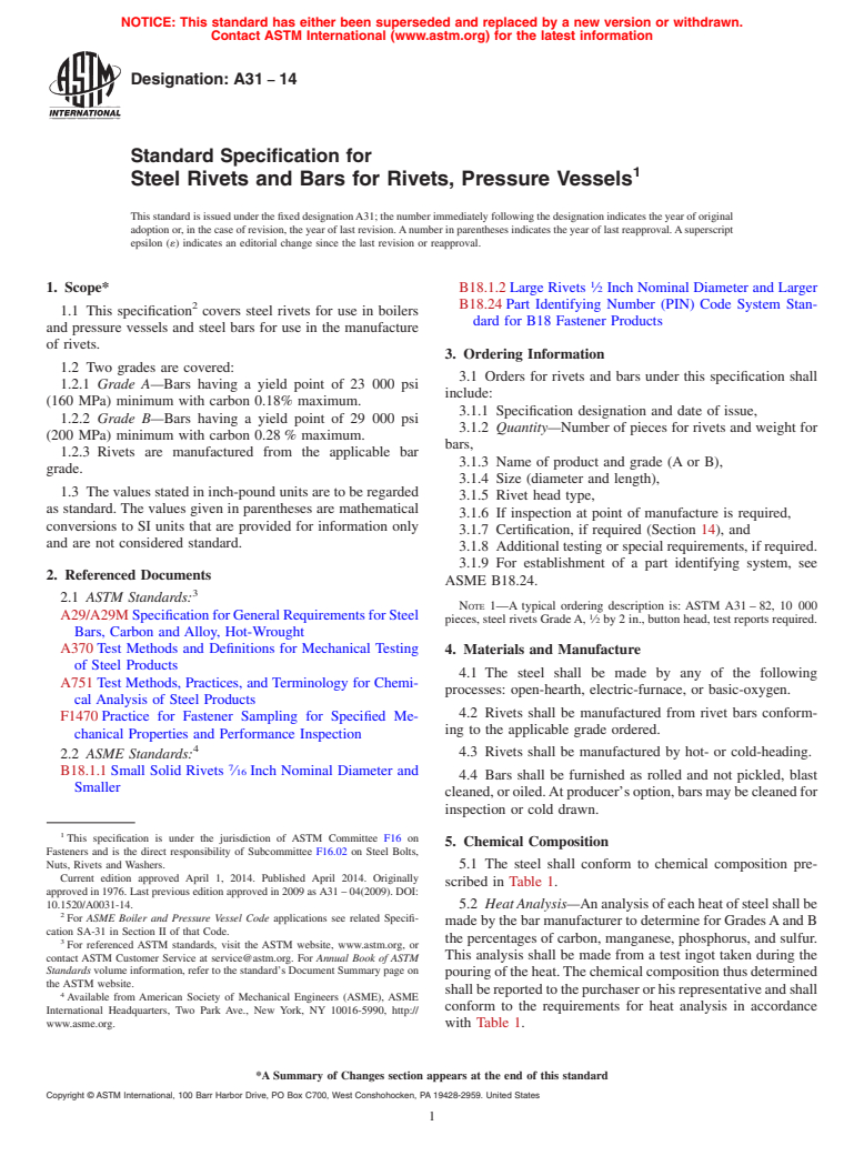 ASTM A31-14 - Standard Specification for  Steel Rivets and Bars for Rivets, Pressure Vessels