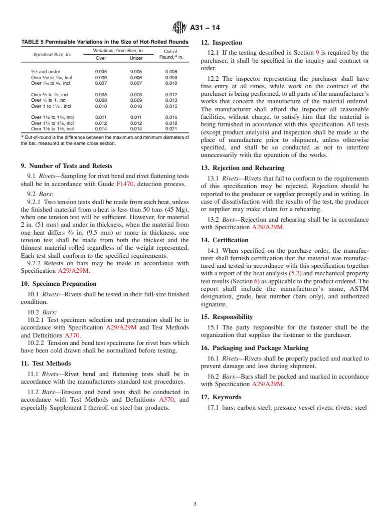 ASTM A31-14 - Standard Specification for  Steel Rivets and Bars for Rivets, Pressure Vessels