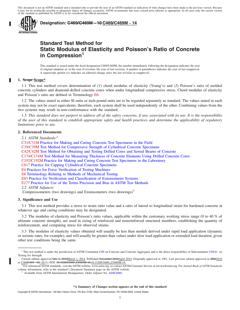 REDLINE ASTM C469/C469M-14 - Standard Test Method for  Static Modulus of Elasticity and Poisson&rsquo;s Ratio of Concrete  in Compression