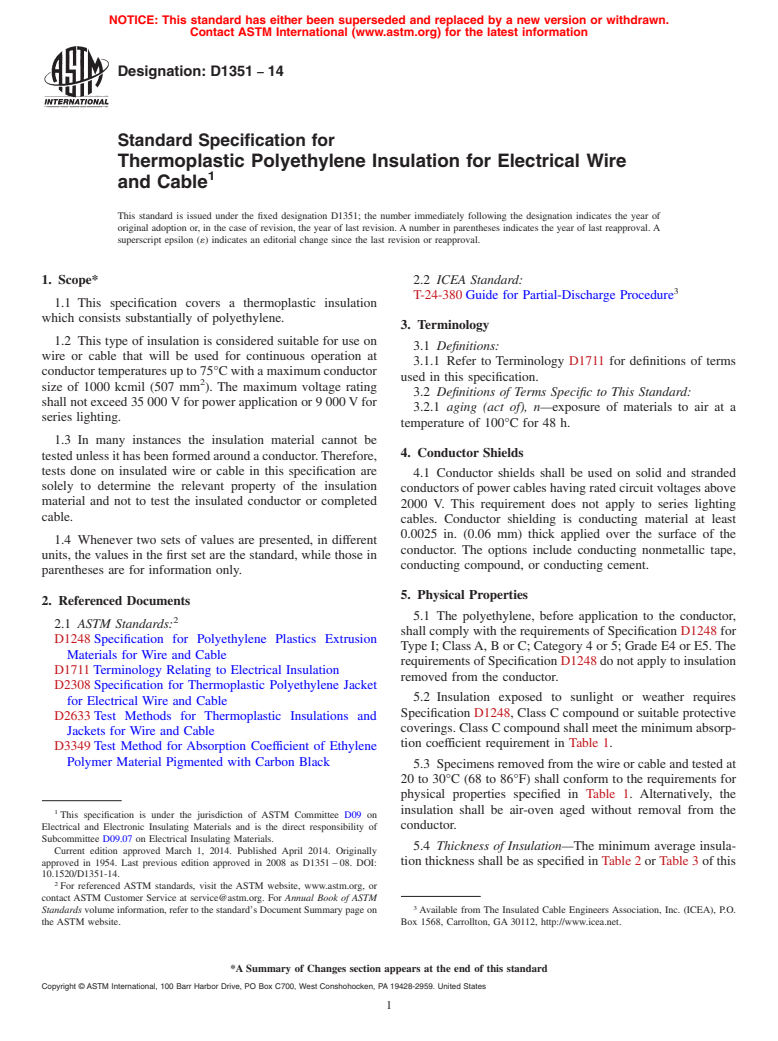 ASTM D1351-14 - Standard Specification for  Thermoplastic Polyethylene Insulation for Electrical Wire and  Cable