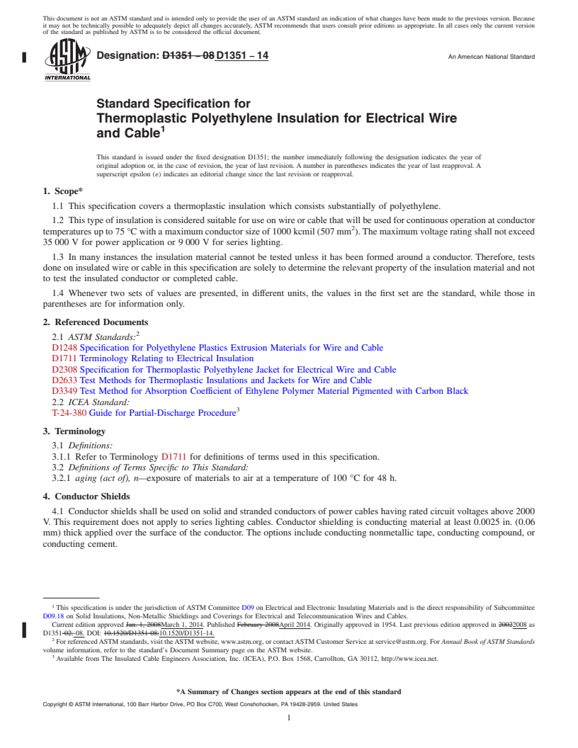 REDLINE ASTM D1351-14 - Standard Specification for  Thermoplastic Polyethylene Insulation for Electrical Wire and  Cable