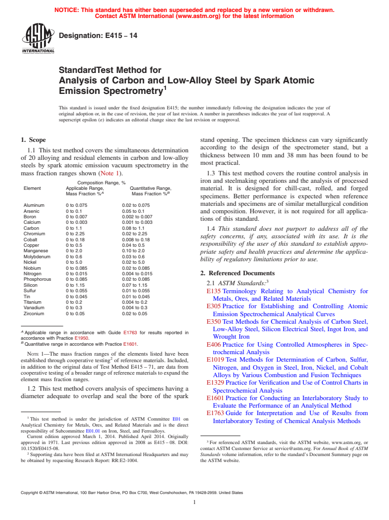 ASTM E415-14 - Standard Test Method for  Analysis of Carbon and Low-Alloy Steel by Spark Atomic Emission  Spectrometry