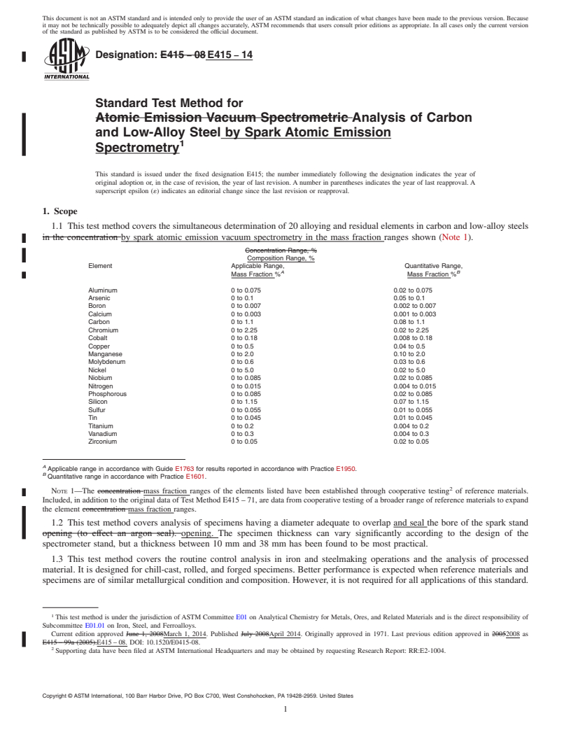 REDLINE ASTM E415-14 - Standard Test Method for  Analysis of Carbon and Low-Alloy Steel by Spark Atomic Emission  Spectrometry