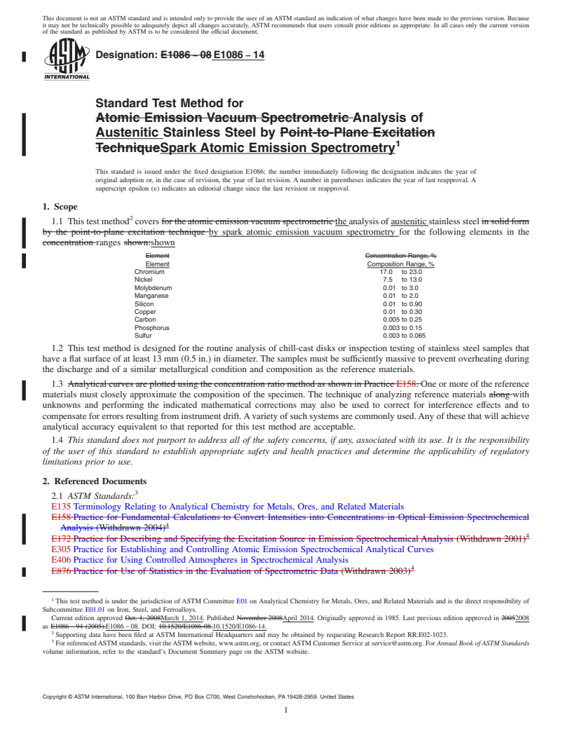 REDLINE ASTM E1086-14 - Standard Test Method for  Analysis of Austenitic Stainless Steel by Spark Atomic Emission  Spectrometry