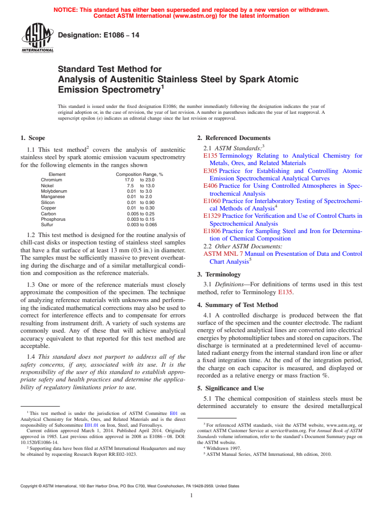 ASTM E1086-14 - Standard Test Method for  Analysis of Austenitic Stainless Steel by Spark Atomic Emission  Spectrometry