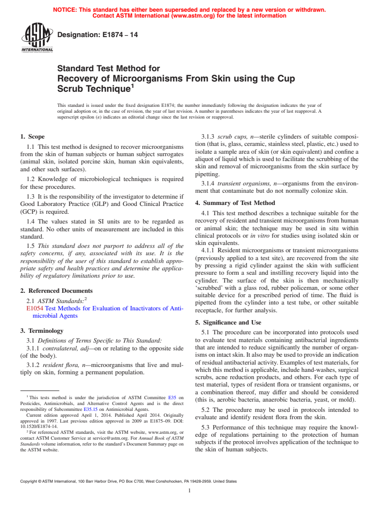 ASTM E1874-14 - Standard Test Method for  Recovery of Microorganisms From Skin using the Cup Scrub Technique