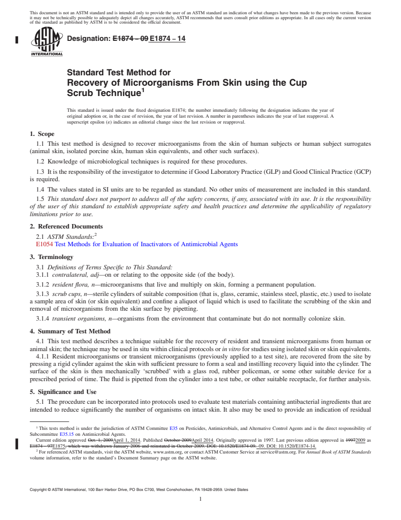 REDLINE ASTM E1874-14 - Standard Test Method for  Recovery of Microorganisms From Skin using the Cup Scrub Technique