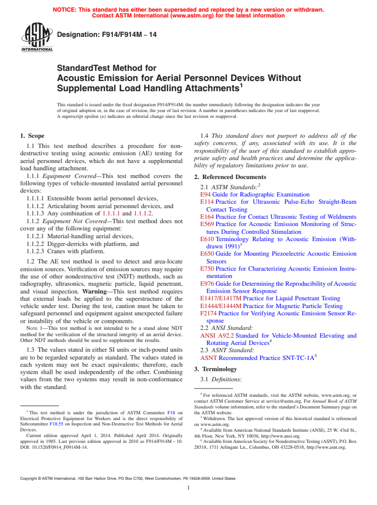 ASTM F914/F914M-14 - Standard Test Method for  Acoustic Emission for Aerial Personnel Devices Without Supplemental   Load Handling Attachments