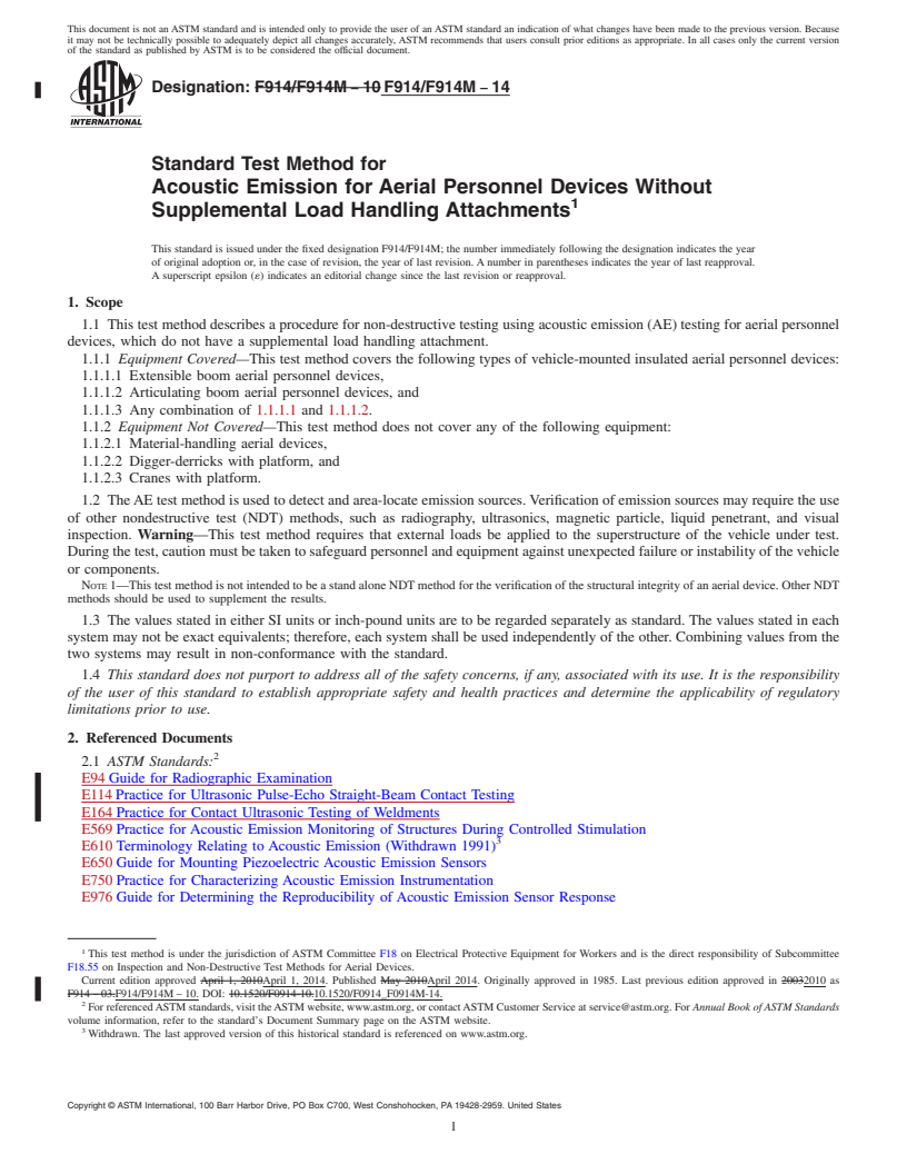 REDLINE ASTM F914/F914M-14 - Standard Test Method for  Acoustic Emission for Aerial Personnel Devices Without Supplemental   Load Handling Attachments