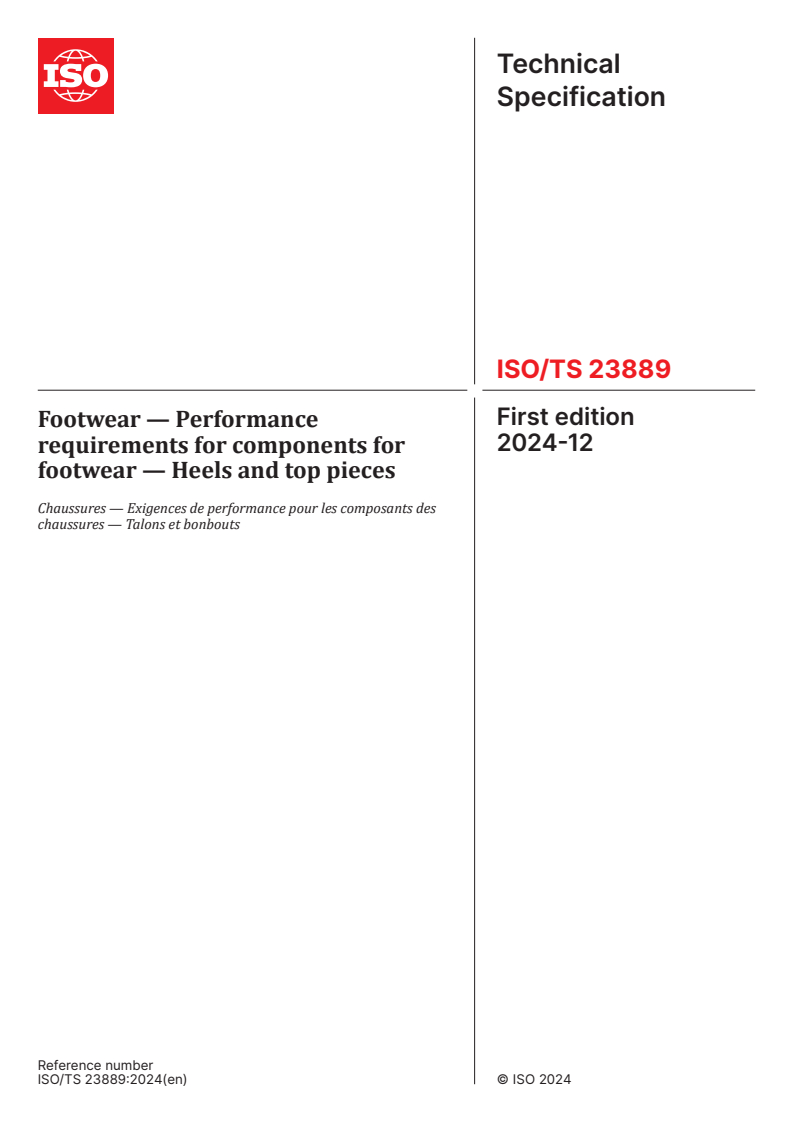 ISO/TS 23889:2024 - Footwear — Performance requirements for components for footwear — Heels and top pieces
Released:12/3/2024