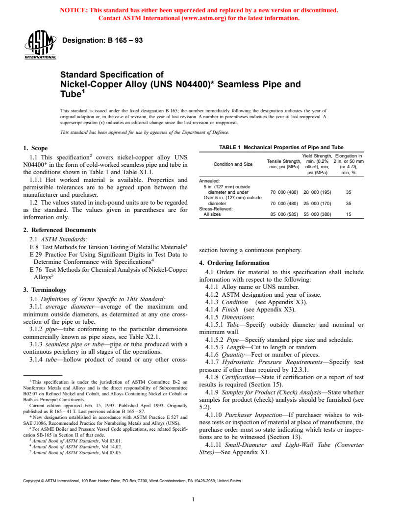 ASTM B165-93 - Standard Specification for Nickel-Copper Alloy (UNS N04400)* Seamless Pipe and Tube