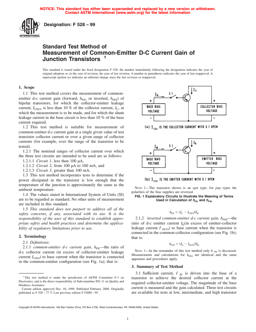 ASTM F528-99 - Standard Test Method of Measurement of Common-Emitter D-C Current Gain of Junction Transistors