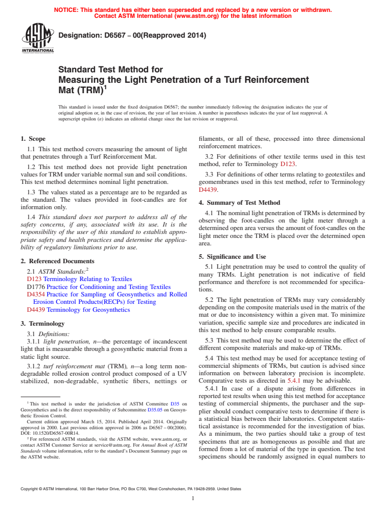 ASTM D6567-00(2014) - Standard Test Method for  Measuring the Light Penetration of a Turf Reinforcement Mat  &#40;TRM&#41;