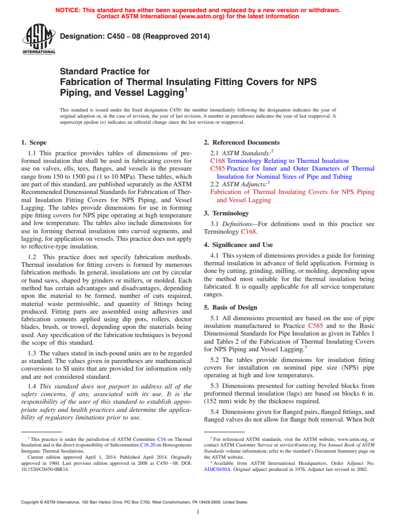 ASTM C450-08(2014) - Standard Practice for   Fabrication of Thermal Insulating Fitting Covers for NPS Piping,  and Vessel Lagging