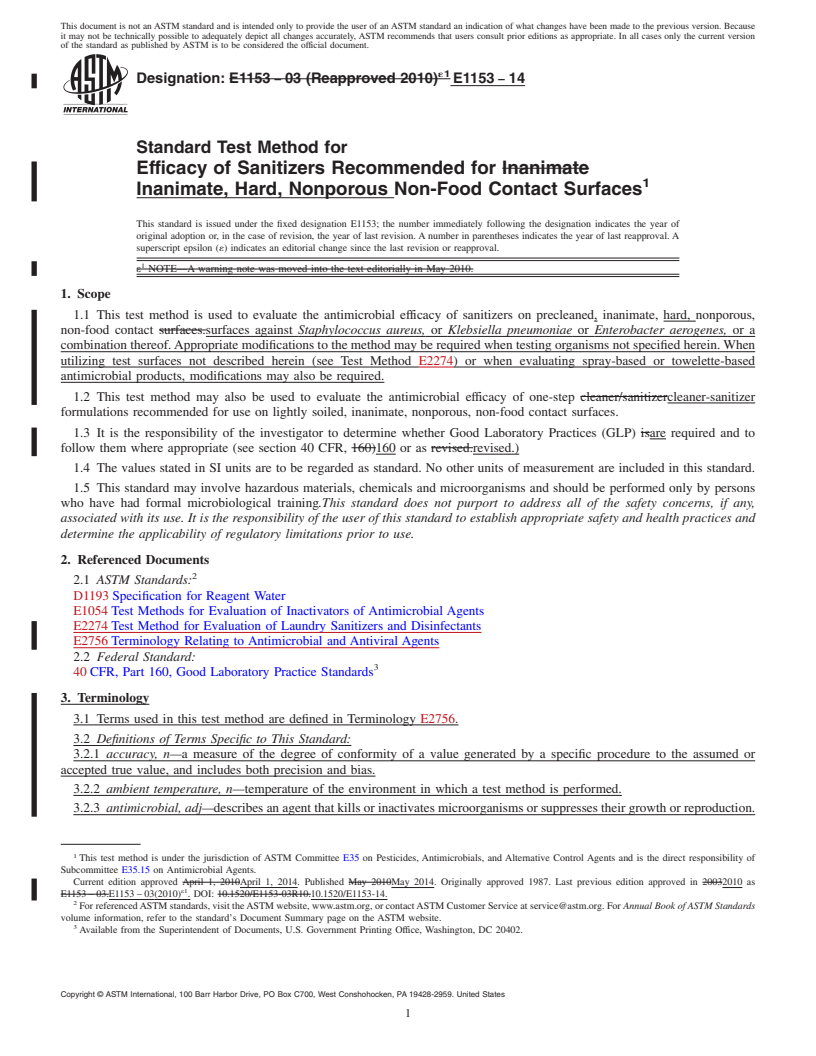 REDLINE ASTM E1153-14 - Standard Test Method for  Efficacy of Sanitizers Recommended for Inanimate, Hard, Nonporous  Non-Food Contact Surfaces