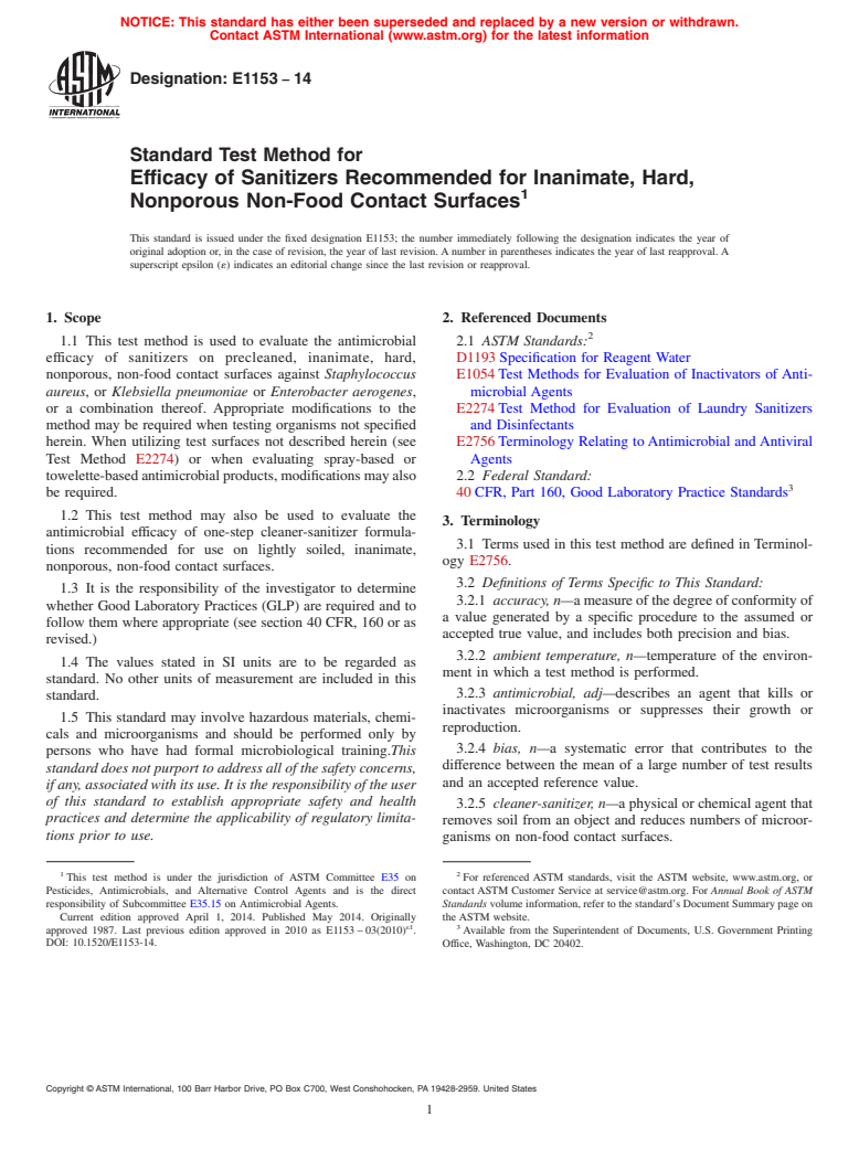 ASTM E1153-14 - Standard Test Method for  Efficacy of Sanitizers Recommended for Inanimate, Hard, Nonporous  Non-Food Contact Surfaces