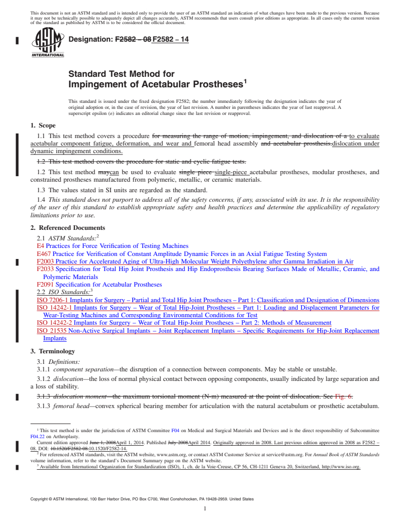 REDLINE ASTM F2582-14 - Standard Test Method for  Impingement of Acetabular Prostheses