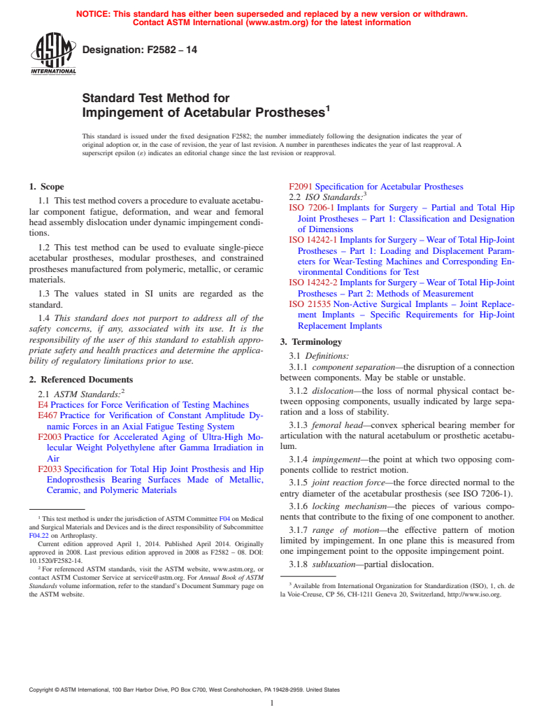 ASTM F2582-14 - Standard Test Method for  Impingement of Acetabular Prostheses