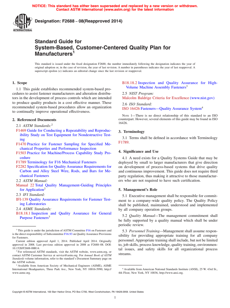 ASTM F2688-08(2014) - Standard Guide for  System-Based, Customer-Centered Quality Plan for Manufacturers