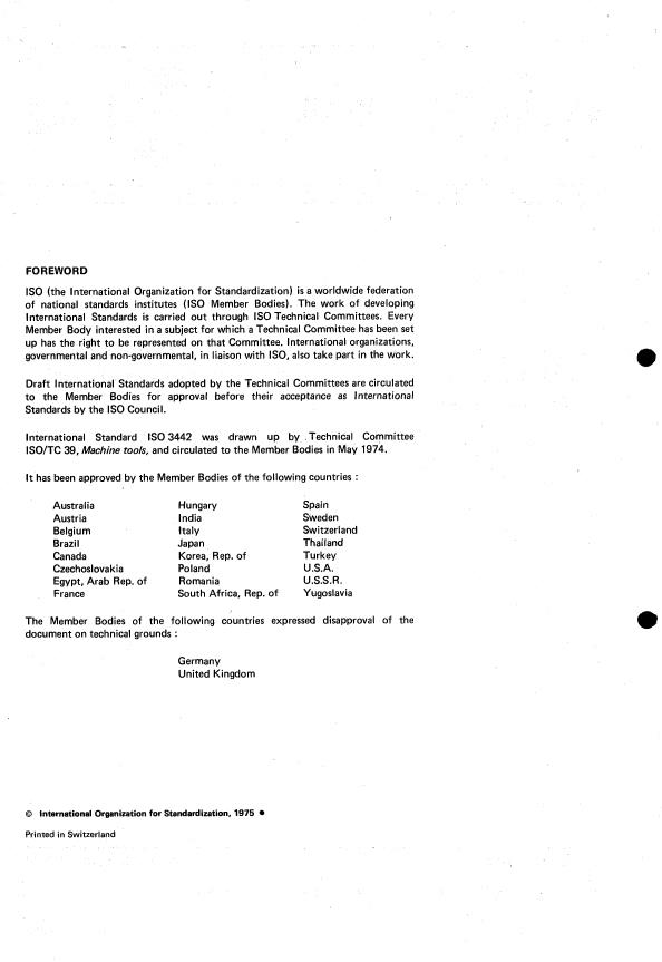 ISO 3442:1975 ISO 3442:1975 - Self-centring chucks for machine tools with two-piece jaws (tongue and groove type) -- Sizes for interchangeability and acceptance test specifications - Page 2 preview