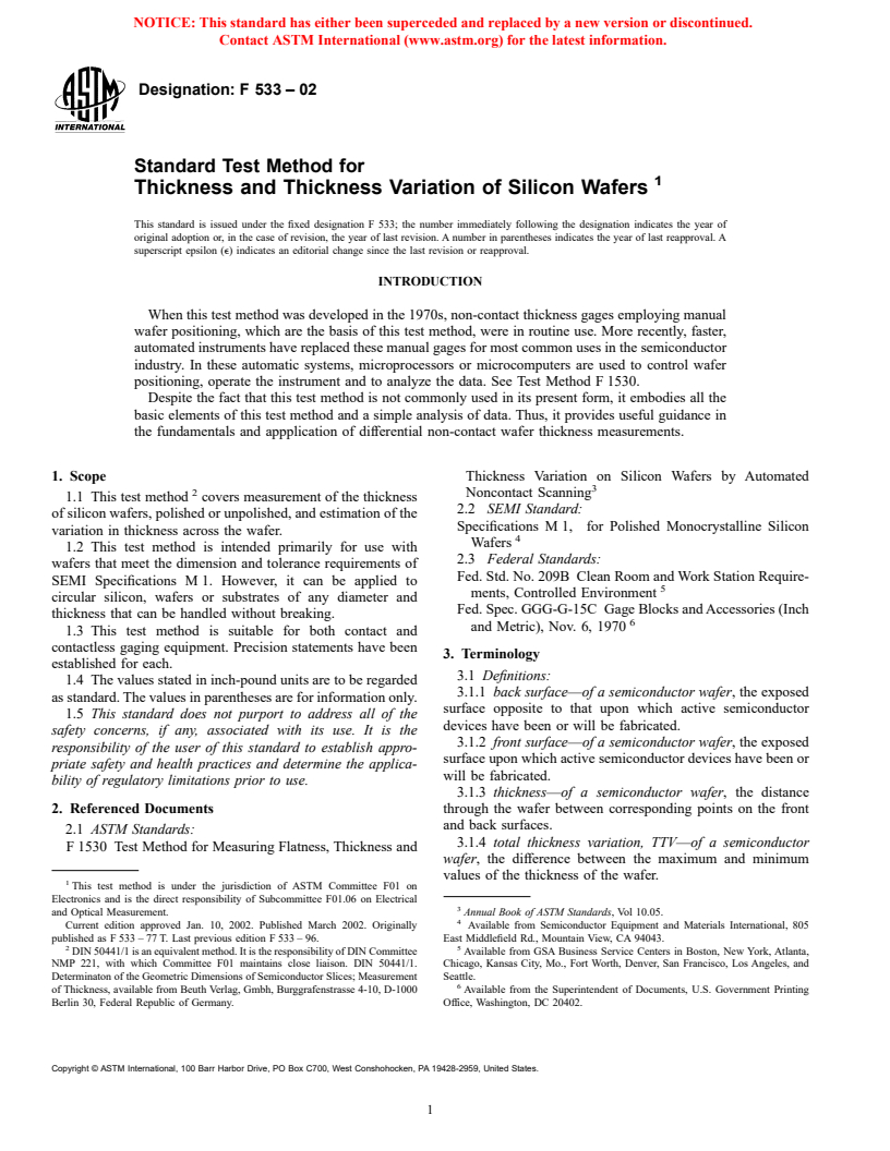 ASTM F533-02 - Standard Test Method for Thickness and Thickness Variation of Silicon Wafers