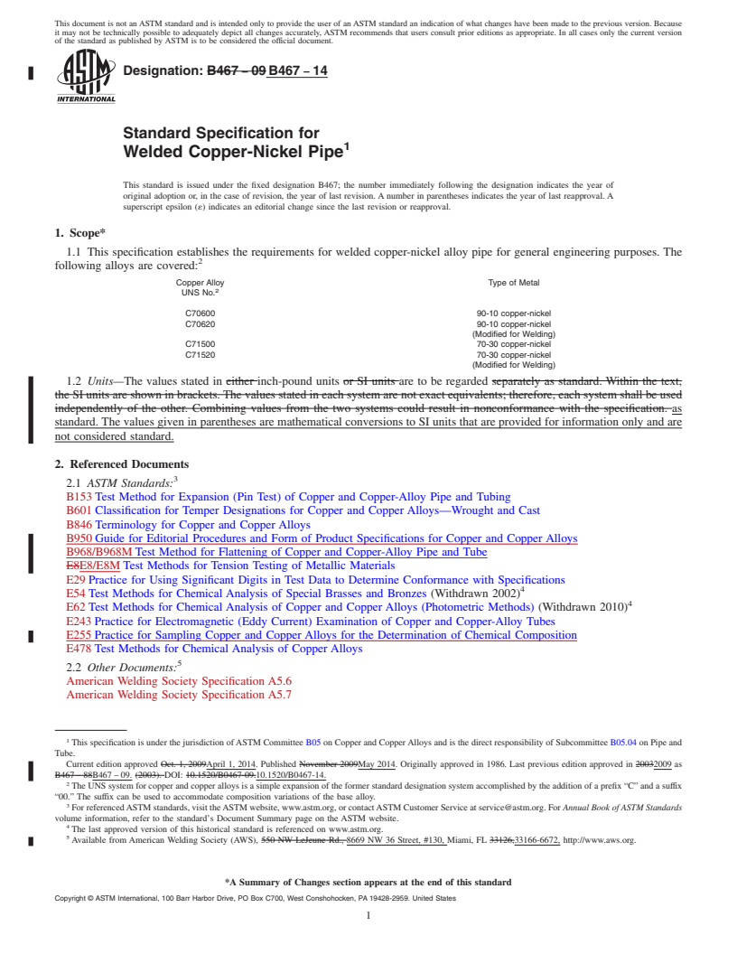 REDLINE ASTM B467-14 - Standard Specification for  Welded Copper-Nickel Pipe