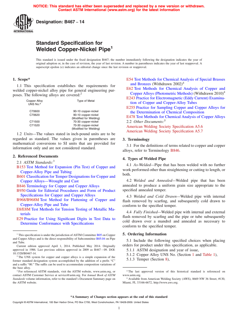 ASTM B467-14 - Standard Specification for  Welded Copper-Nickel Pipe