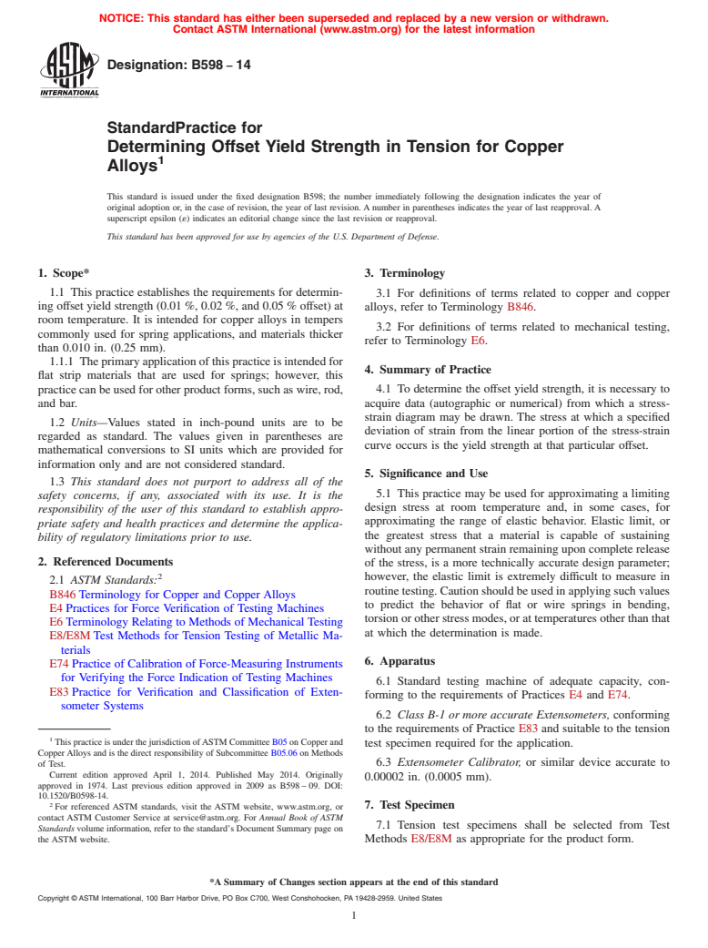 ASTM B598-14 - Standard Practice for  Determining Offset Yield Strength in Tension for Copper Alloys