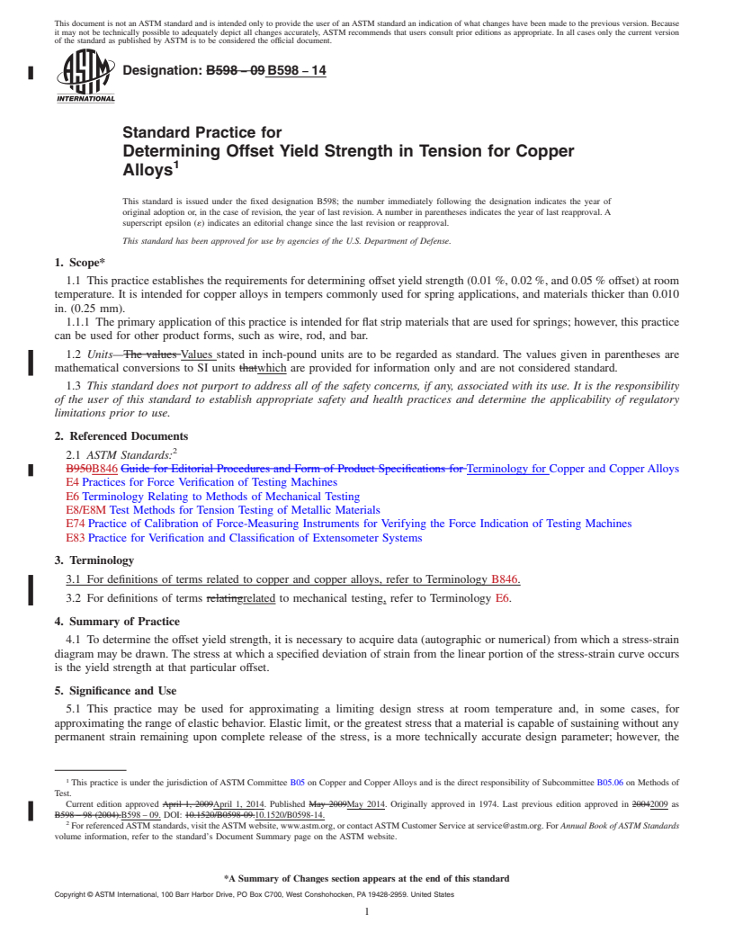 REDLINE ASTM B598-14 - Standard Practice for  Determining Offset Yield Strength in Tension for Copper Alloys