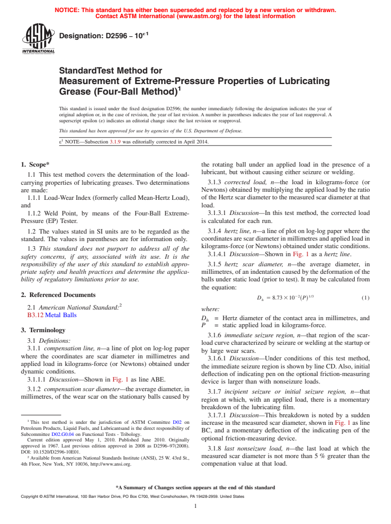 ASTM D2596-10e1 - Standard Test Method for  Measurement of Extreme-Pressure Properties of Lubricating Grease   &#40;Four-Ball Method&#41;