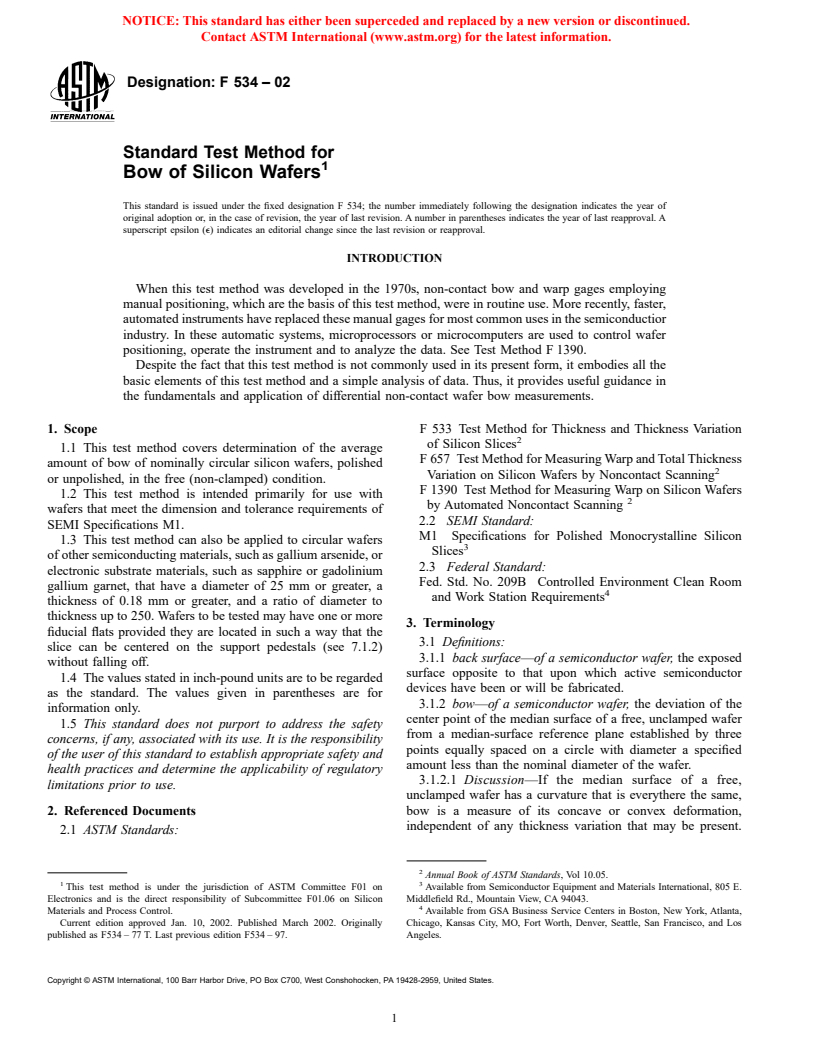 ASTM F534-02 - Standard Test Method for Bow of Silicon Wafers