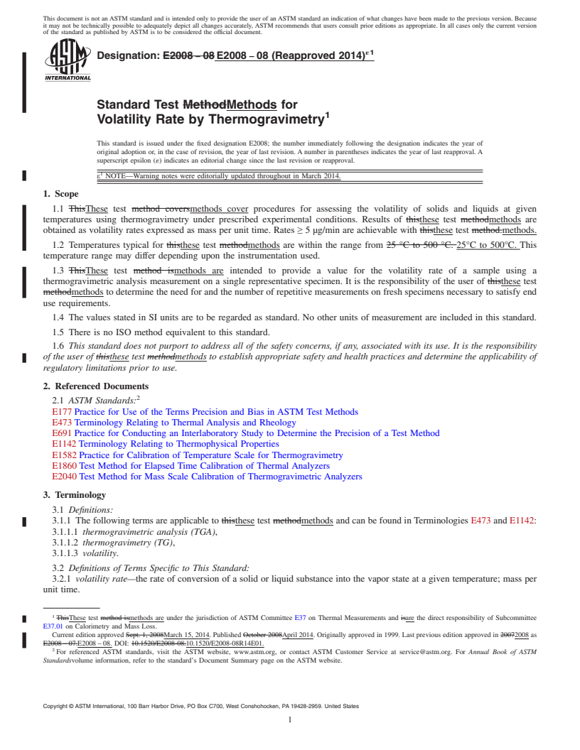 REDLINE ASTM E2008-08(2014)e1 - Standard Test Methods for  Volatility Rate by Thermogravimetry