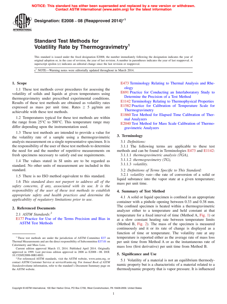 ASTM E2008-08(2014)e1 - Standard Test Methods for  Volatility Rate by Thermogravimetry