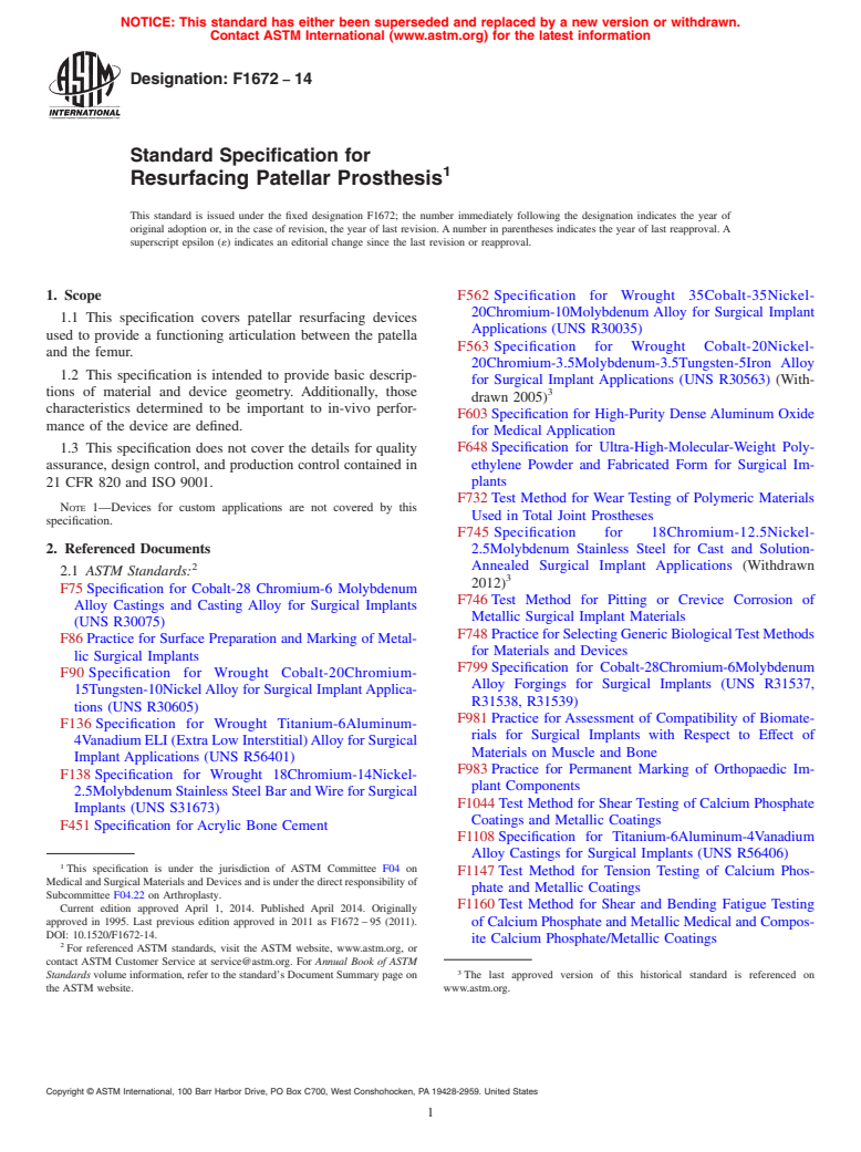 ASTM F1672-14 - Standard Specification for  Resurfacing Patellar Prosthesis