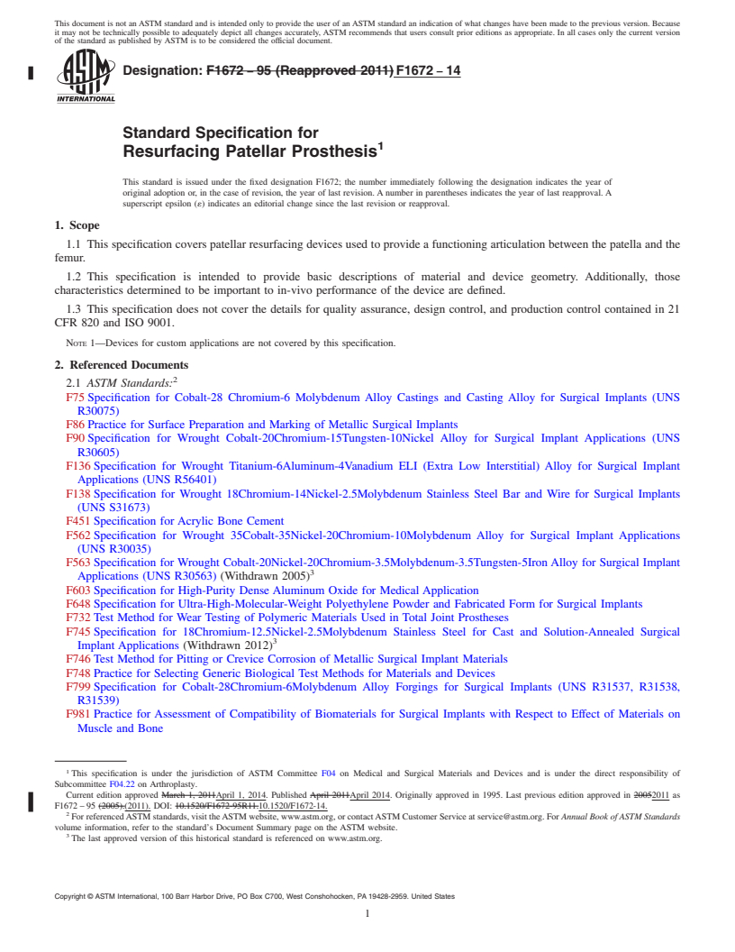 REDLINE ASTM F1672-14 - Standard Specification for  Resurfacing Patellar Prosthesis