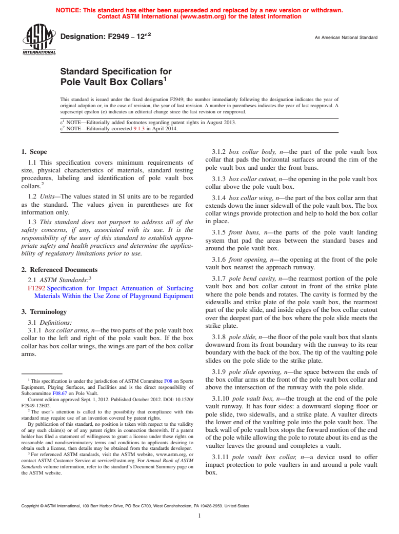 ASTM F2949-12e2 - Standard Specification for Pole Vault Box Collars