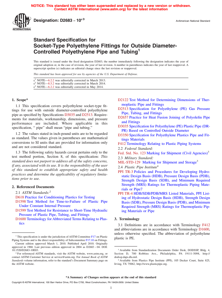 ASTM D2683-10e3 - Standard Specification for  Socket-Type Polyethylene Fittings for Outside Diameter-Controlled    Polyethylene Pipe and Tubing