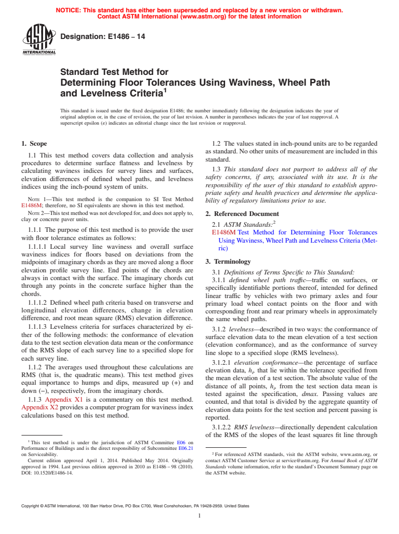 ASTM E1486-14 - Standard Test Method for  Determining Floor Tolerances Using Waviness, Wheel Path and  Levelness Criteria