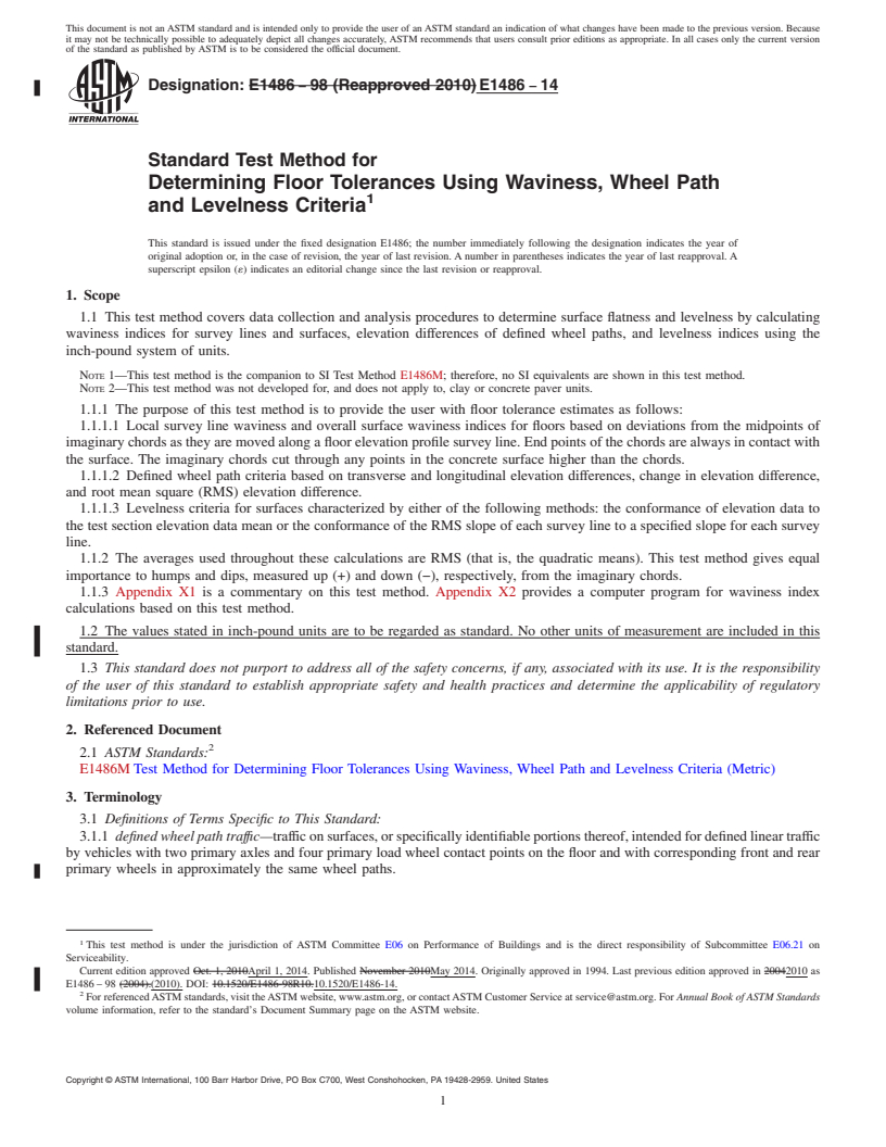 REDLINE ASTM E1486-14 - Standard Test Method for  Determining Floor Tolerances Using Waviness, Wheel Path and  Levelness Criteria