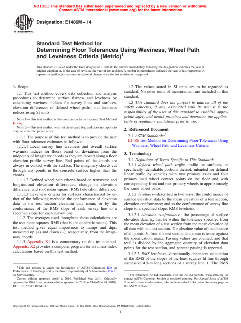 ASTM E1486M-14 - Standard Test Method for  Determining Floor Tolerances Using Waviness, Wheel Path and  Levelness Criteria &#40;Metric&#41;