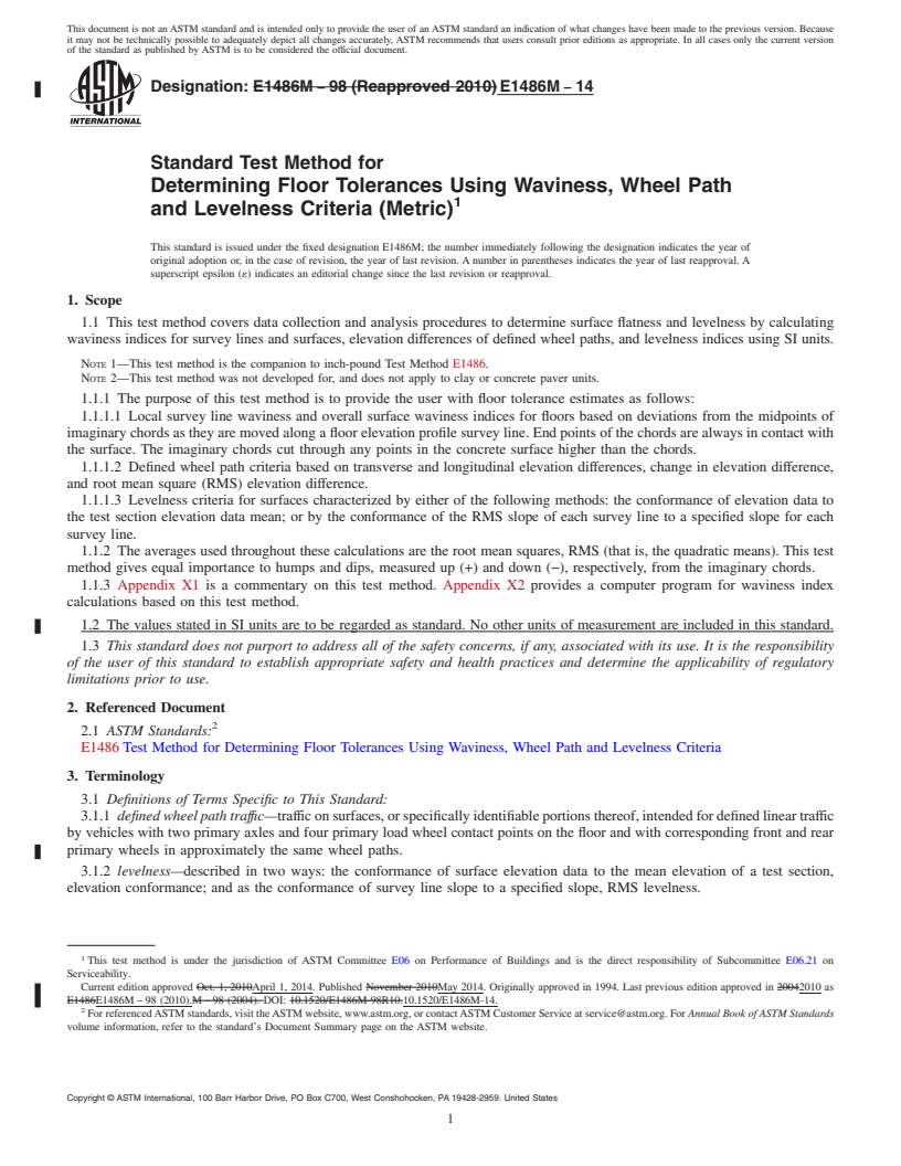 REDLINE ASTM E1486M-14 - Standard Test Method for  Determining Floor Tolerances Using Waviness, Wheel Path and  Levelness Criteria &#40;Metric&#41;