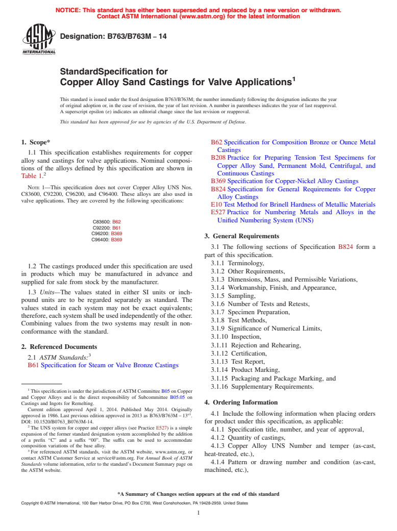 ASTM B763/B763M-14 - Standard Specification for Copper Alloy Sand Castings for Valve Applications