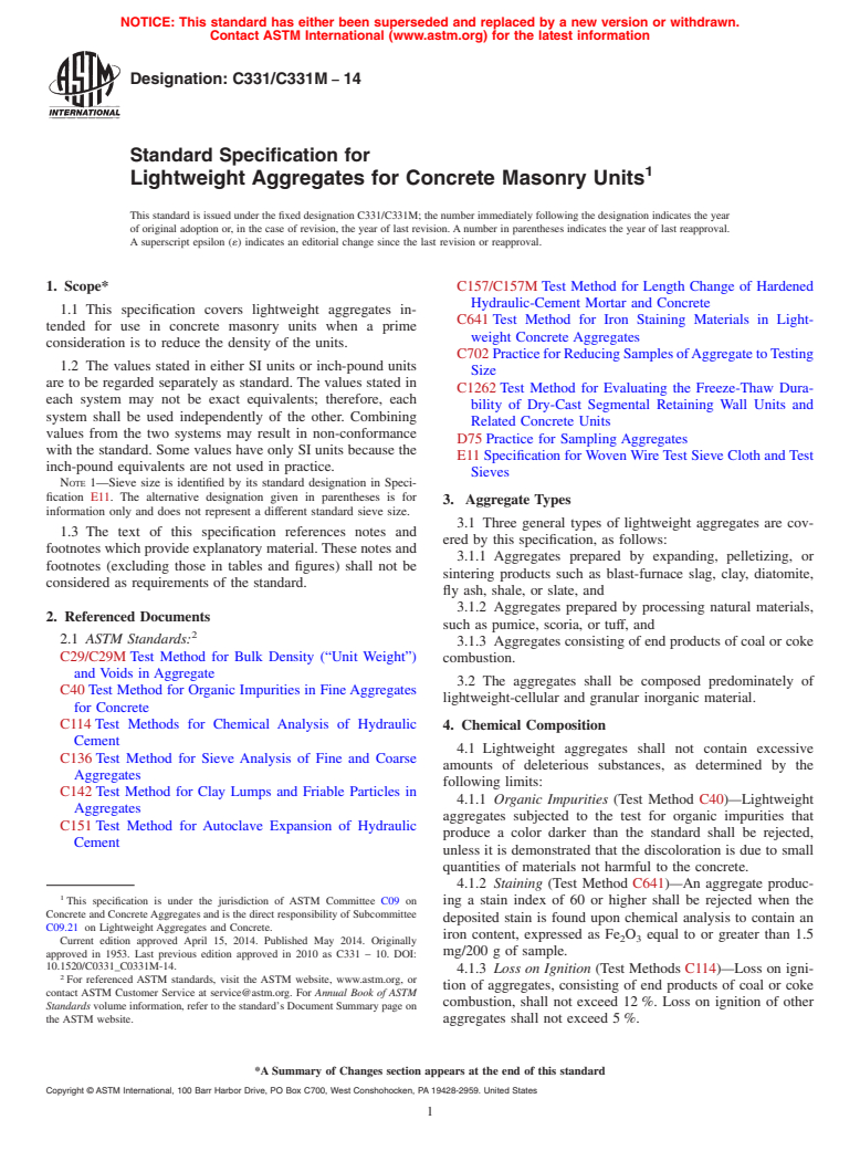 ASTM C331/C331M-14 - Standard Specification for  Lightweight Aggregates for Concrete Masonry Units