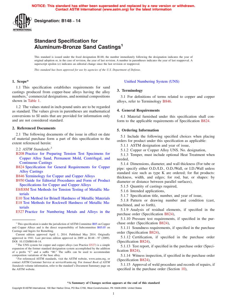 ASTM B148-14 - Standard Specification for  Aluminum-Bronze Sand Castings